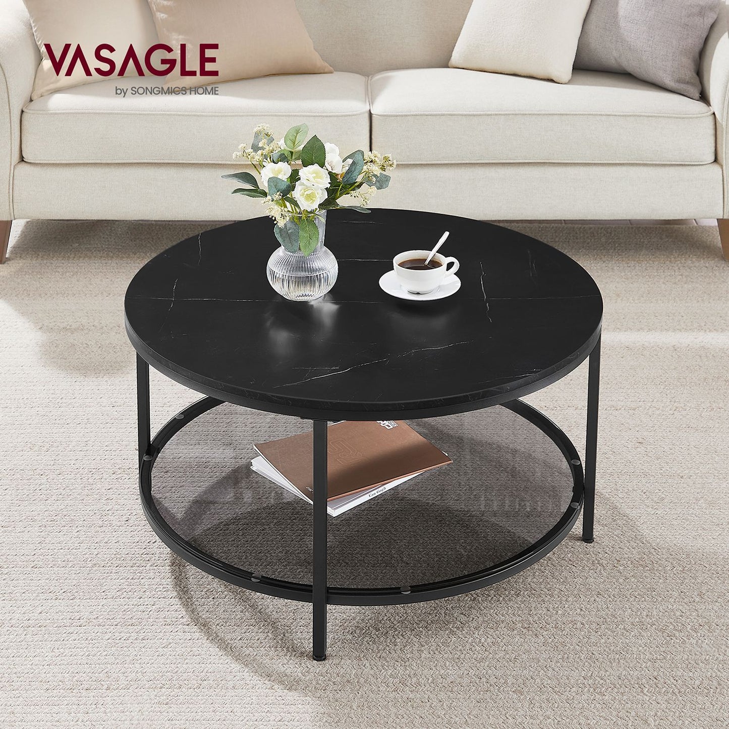 Faux Marble Round Coffee Table with Storage Shelf Marble Black and Ink Black - image 2