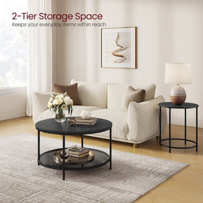 Faux Marble Round Coffee Table with Storage Shelf Marble Black and Ink Black - image 3