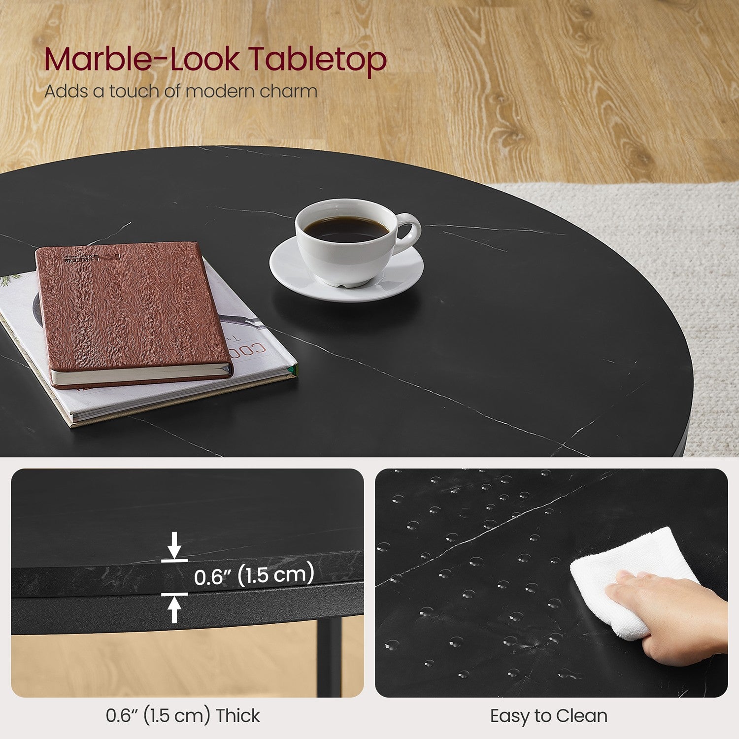 Faux Marble Round Coffee Table with Storage Shelf Marble Black and Ink Black - image 4