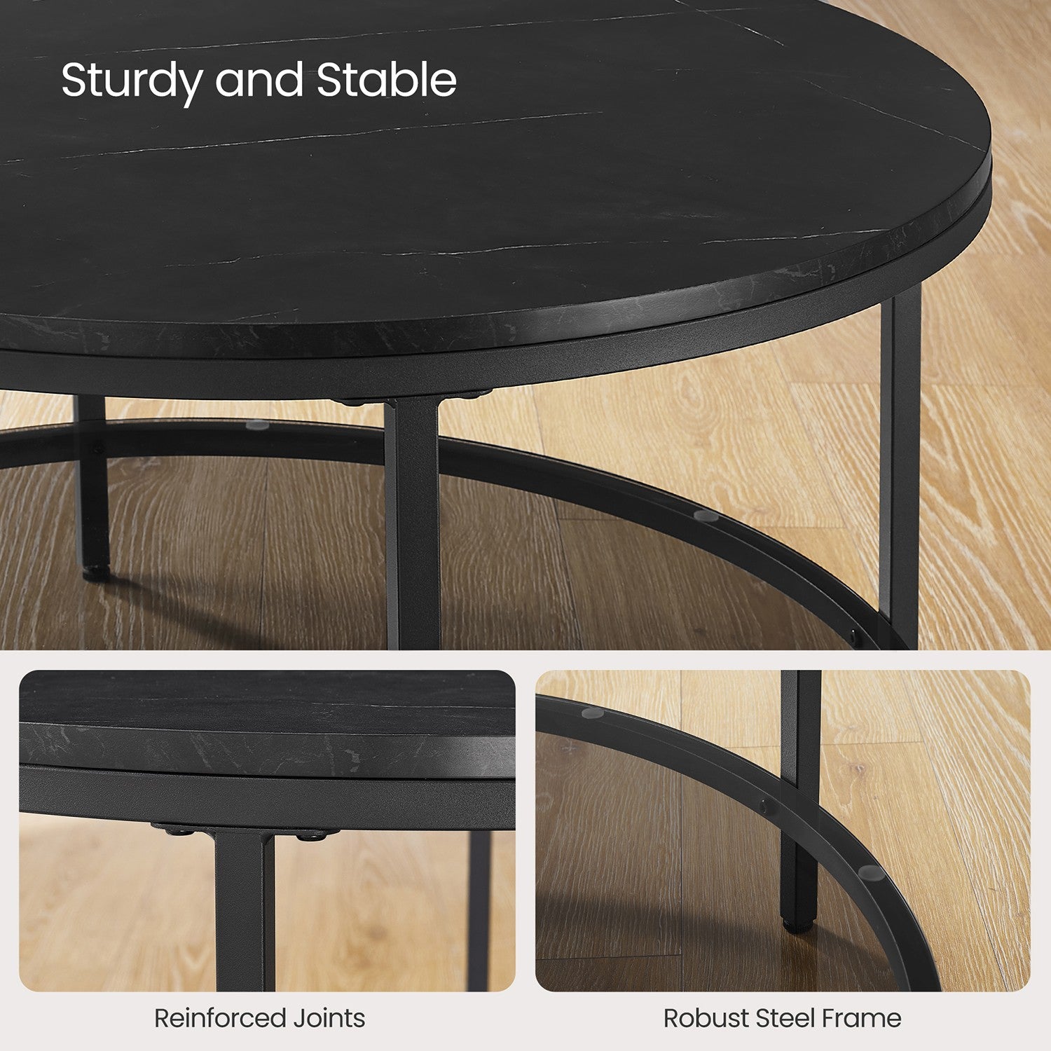 Faux Marble Round Coffee Table with Storage Shelf Marble Black and Ink Black - image 5