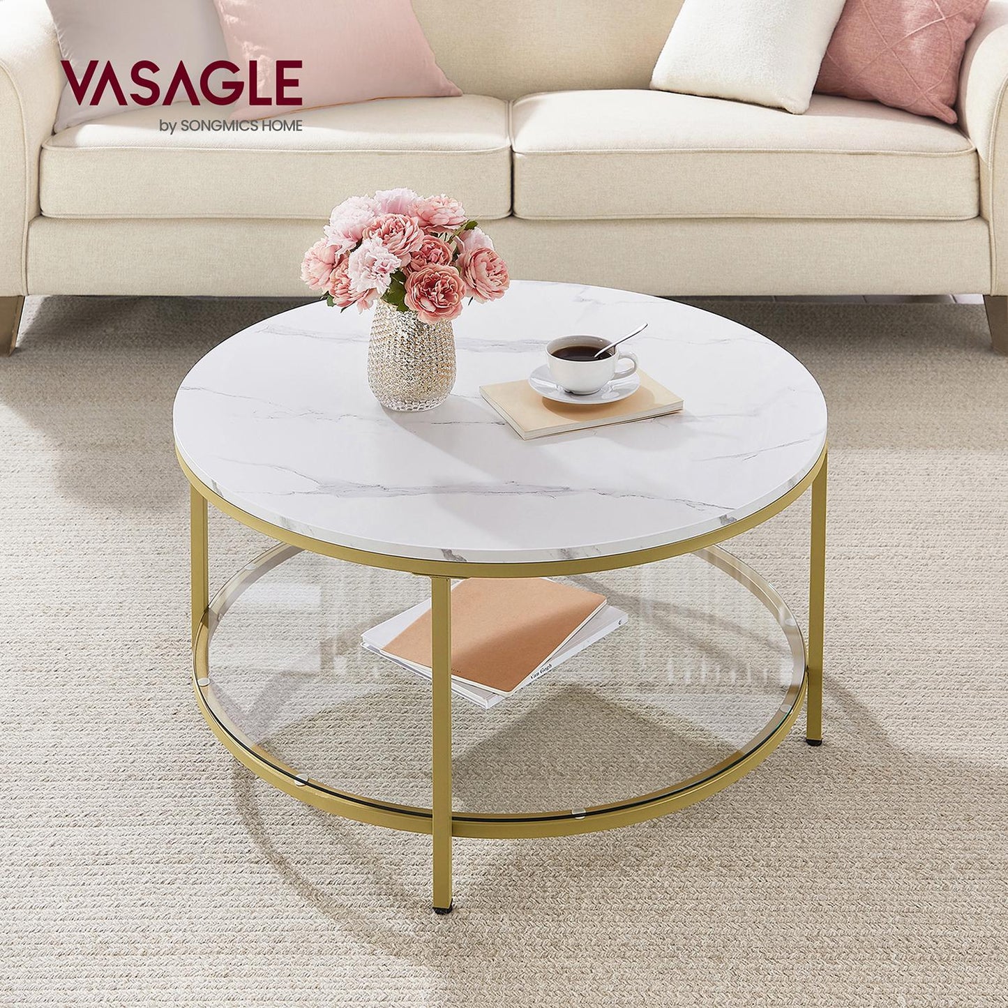 Faux Marble Round Coffee Table with Storage Shelf Marble Black and Ink Black - image 8