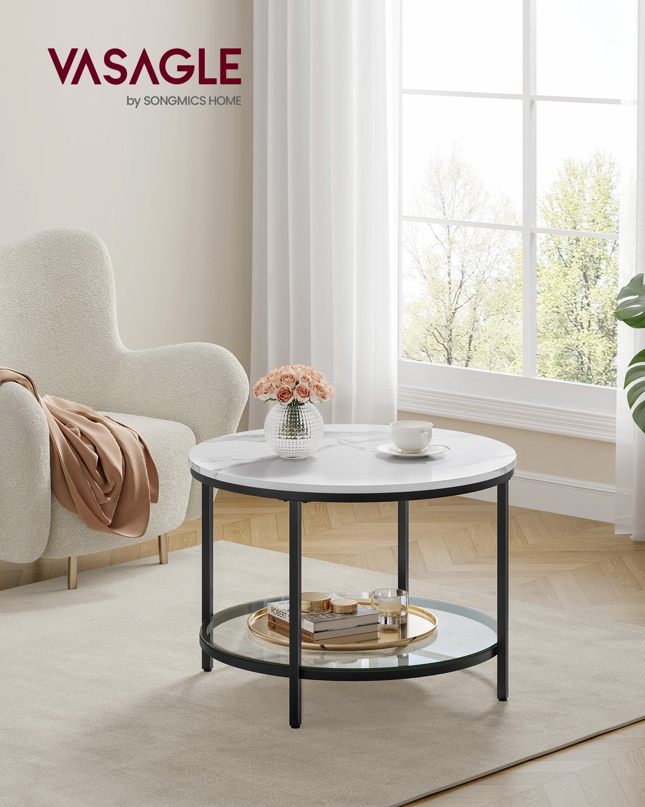 Round Coffee Table Marble White and Ink Black - image 2