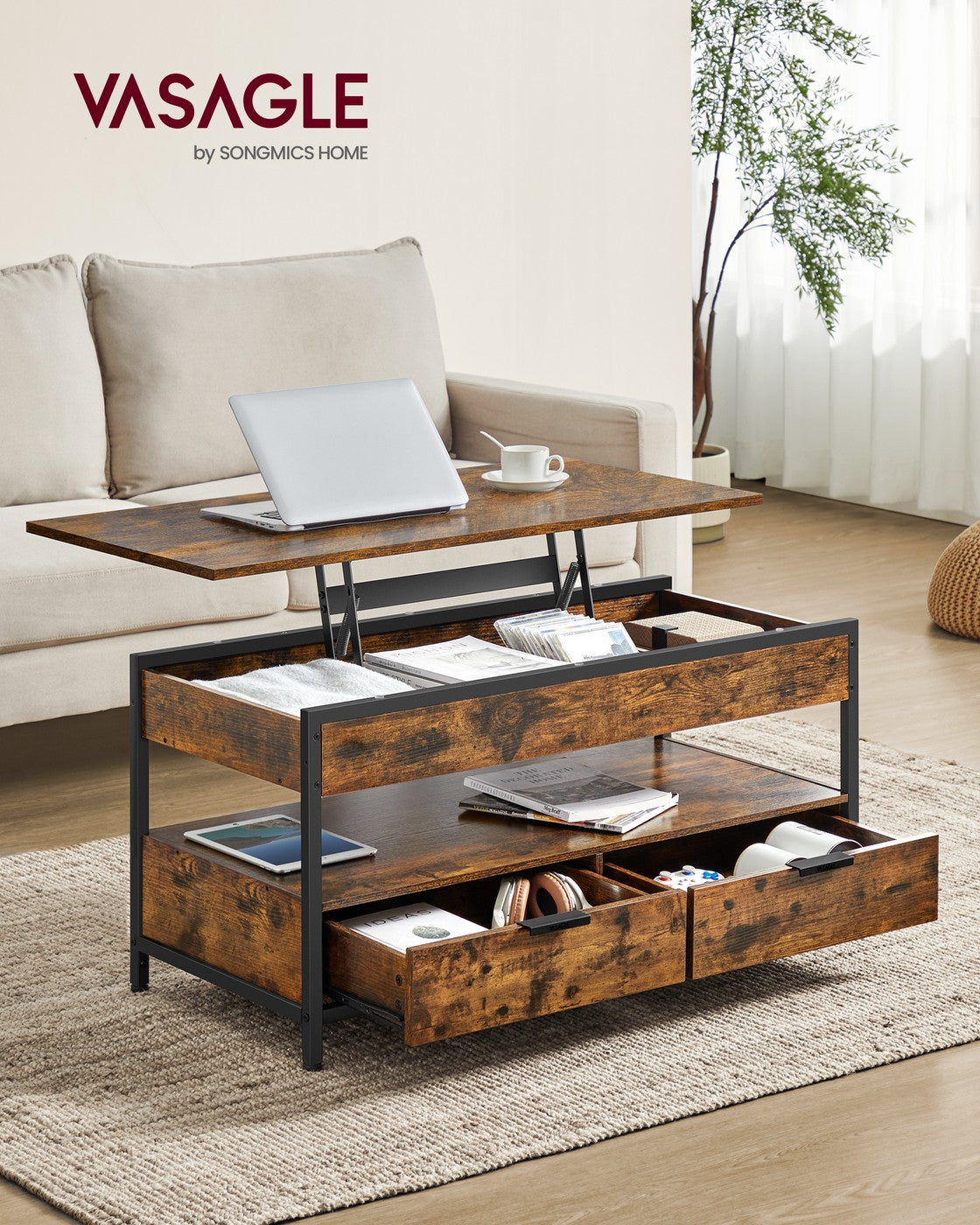 Lift Top Coffee Table with Storage Drawers Rustic Brown and Ink Black - image 2