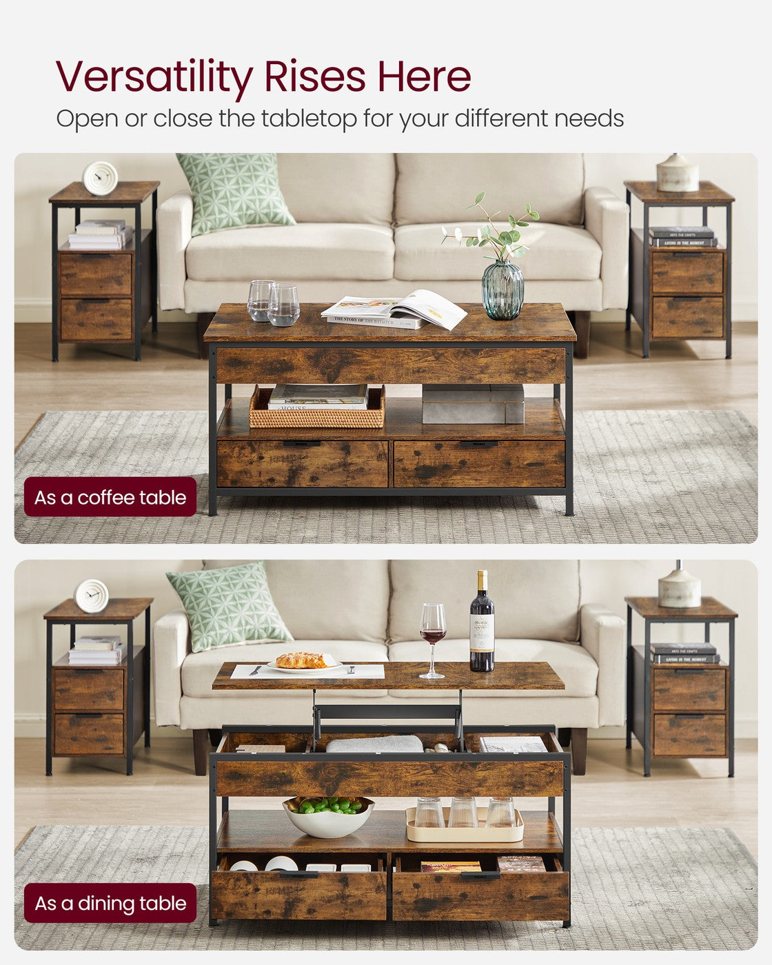 Lift Top Coffee Table with Storage Drawers Rustic Brown and Ink Black - image 3