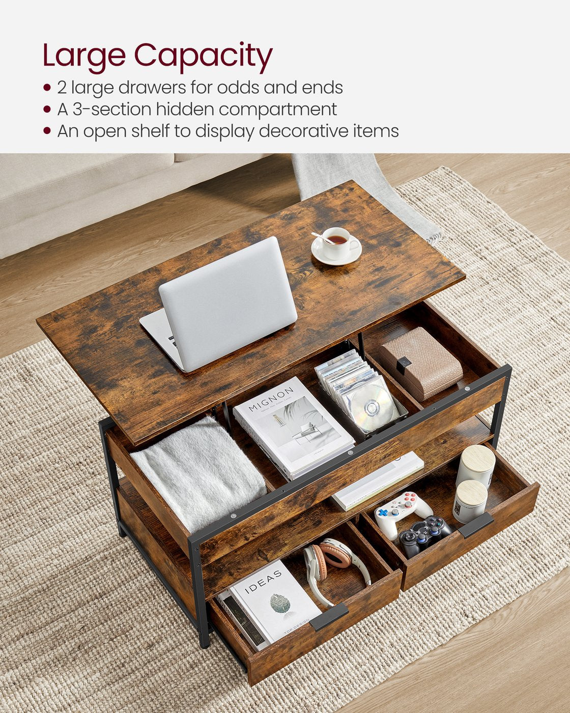 Lift Top Coffee Table with Storage Drawers Rustic Brown and Ink Black - image 4