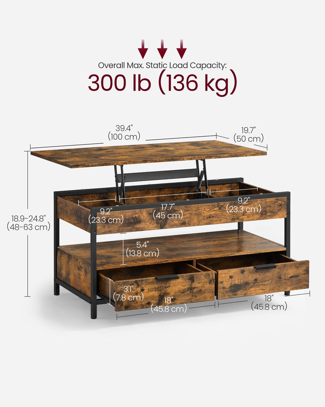 Lift Top Coffee Table with Storage Drawers Rustic Brown and Ink Black - image 6