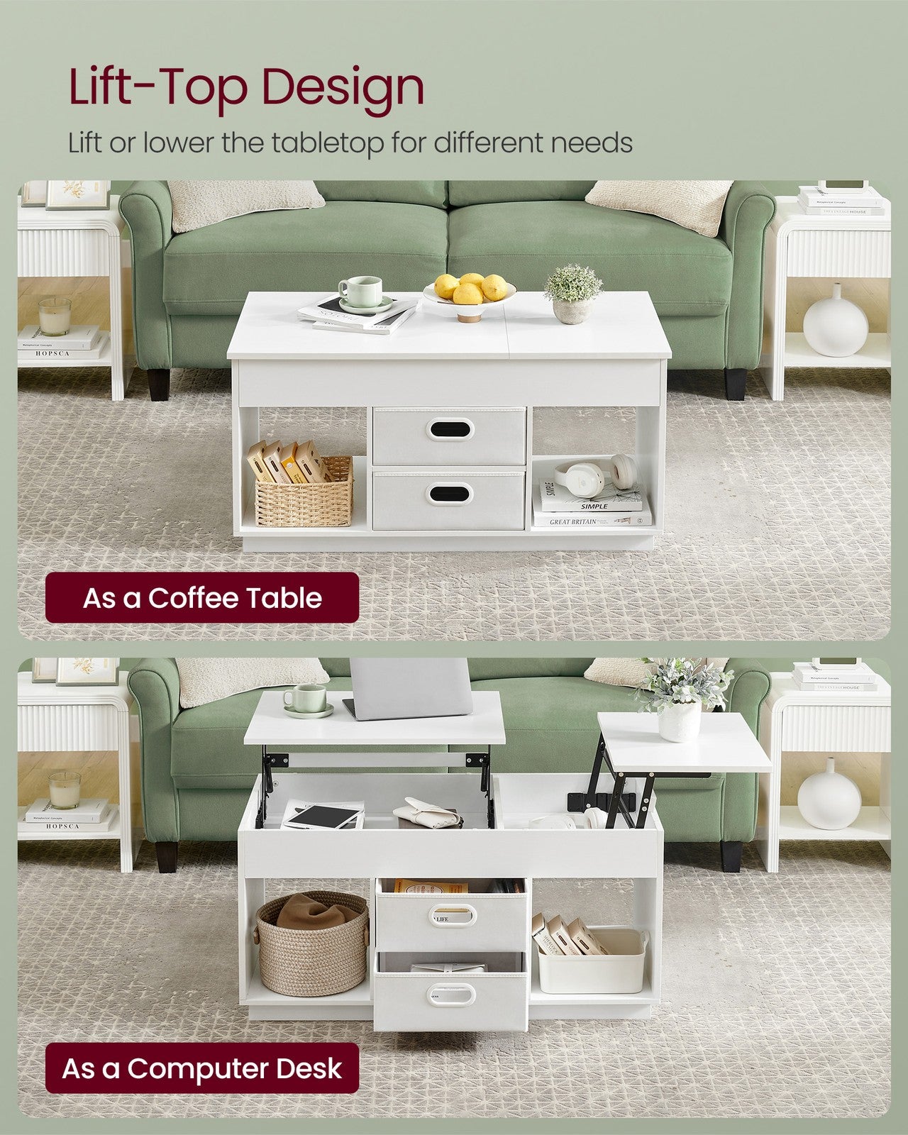 Lift Top Coffee Table with 2 Drawers Snow White - image 3