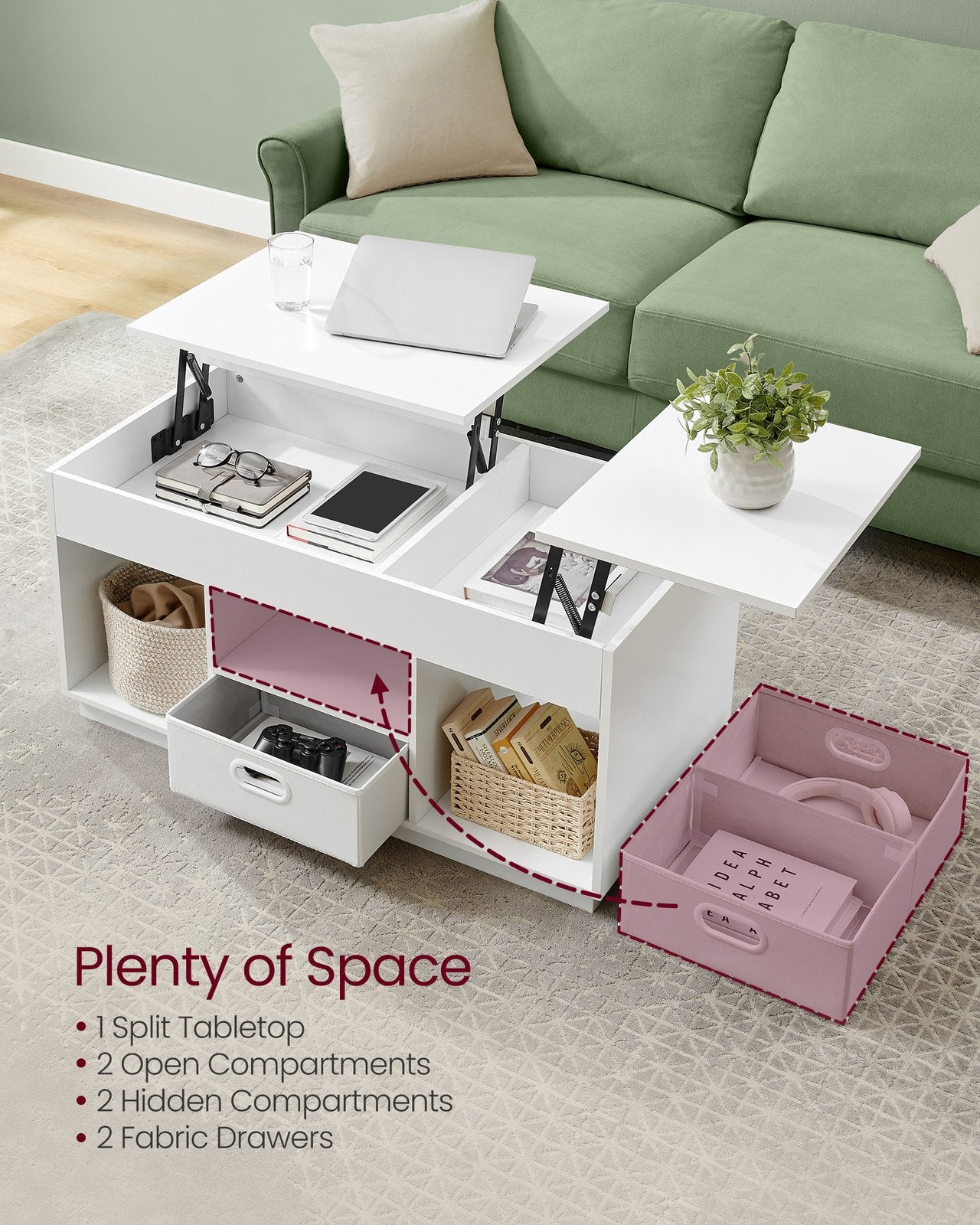 Lift Top Coffee Table with 2 Drawers Snow White - image 4