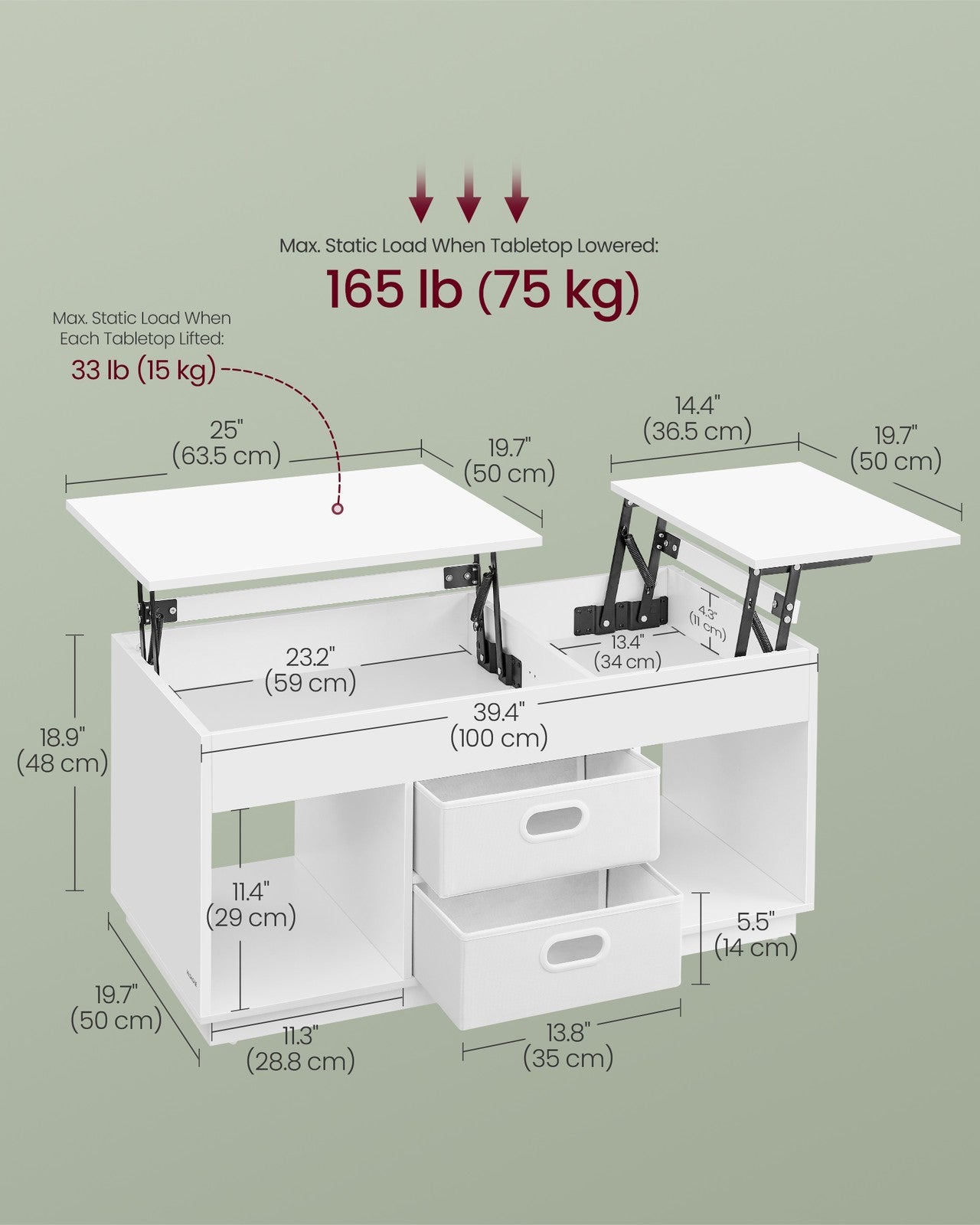 Lift Top Coffee Table with 2 Drawers Snow White - image 6