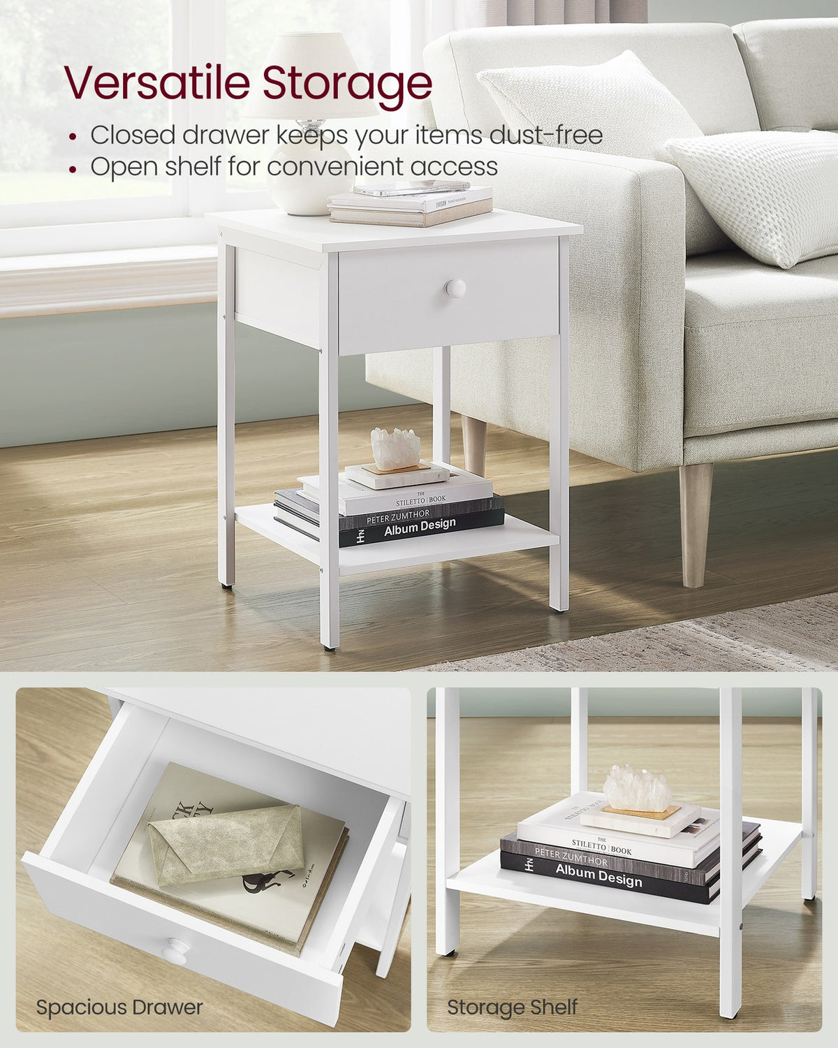 Bedside Table with Drawer and Shelf Matte White - image 3