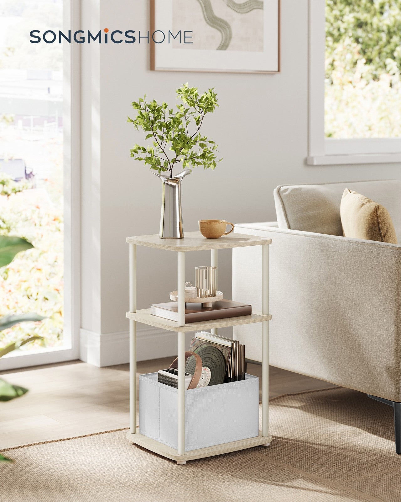 Modern Side Table with 3 Storage Shelves Natural Beige - image 2