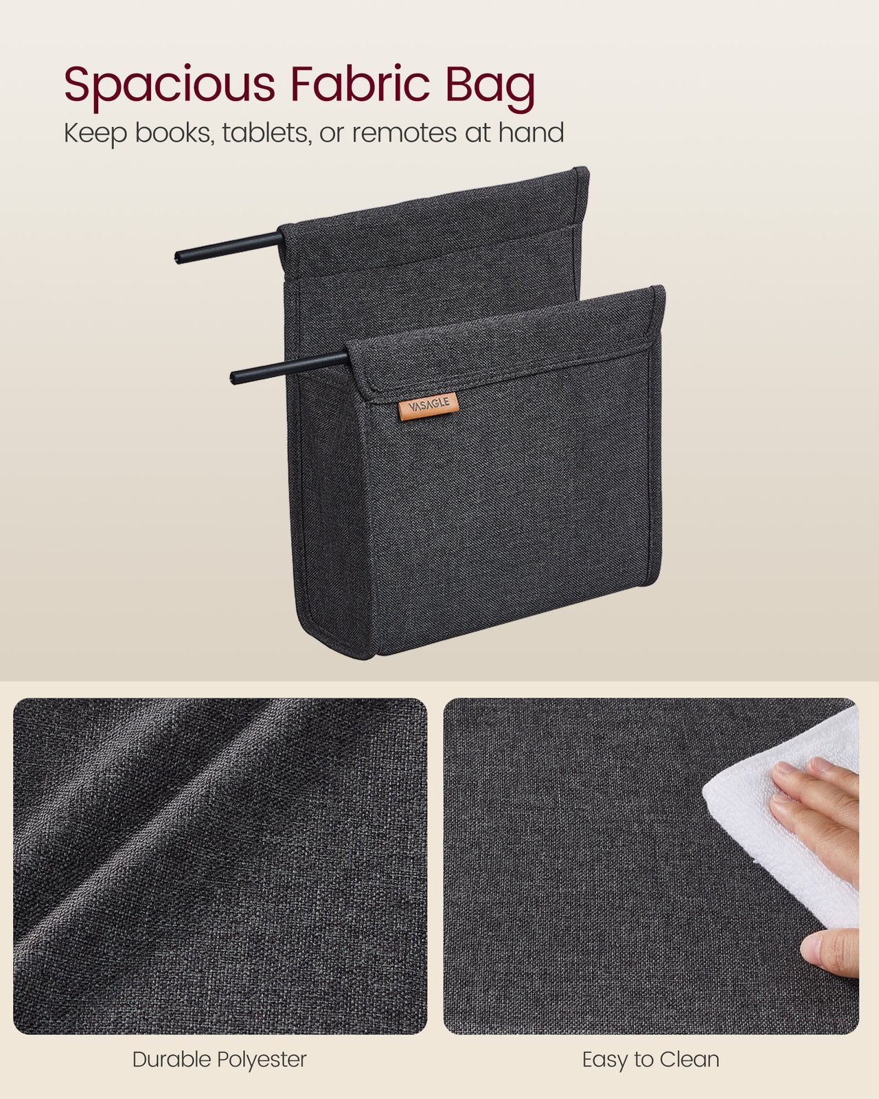 C-Shaped Bedside Table with Fabric Storage Bag Ebony Black - image 8
