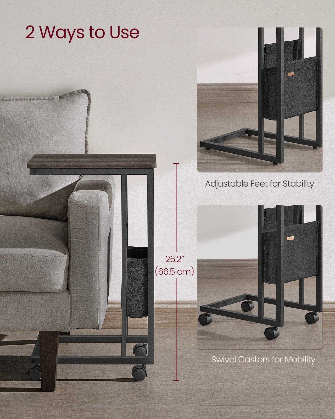 C-Shaped Bedside Table with Fabric Storage Bag Ebony Black - image 12