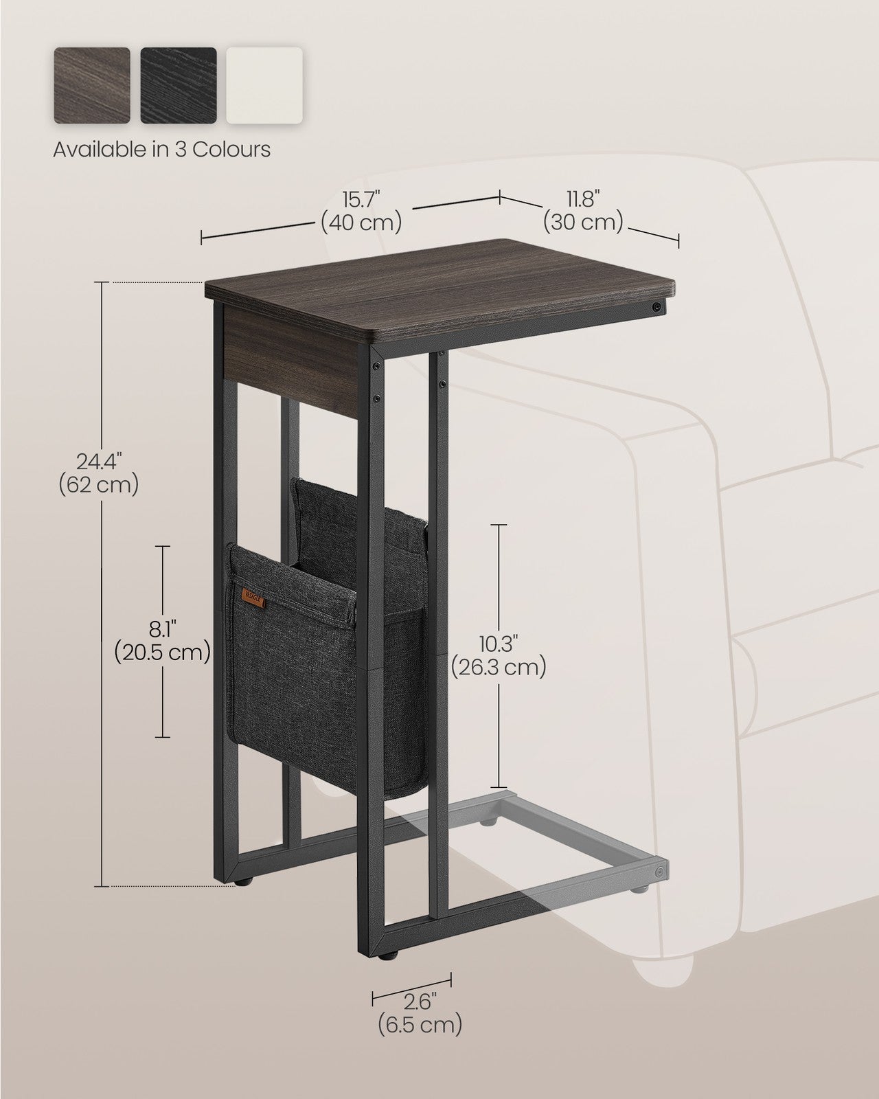 C-Shaped Bedside Table with Fabric Storage Bag Ebony Black - image 13