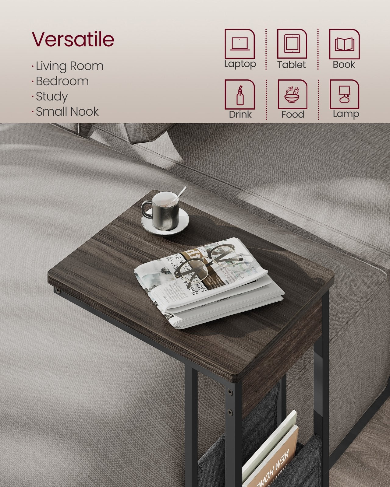 C-Shaped Bedside Table with Fabric Storage Bag Ebony Black - image 15