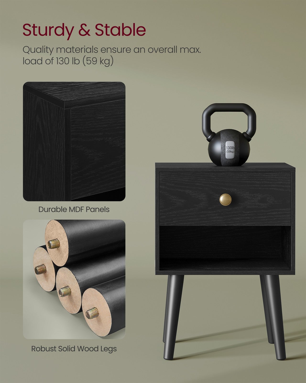 Bedside Table with Drawer and Solid Wood Legs Ebony Black - image 4