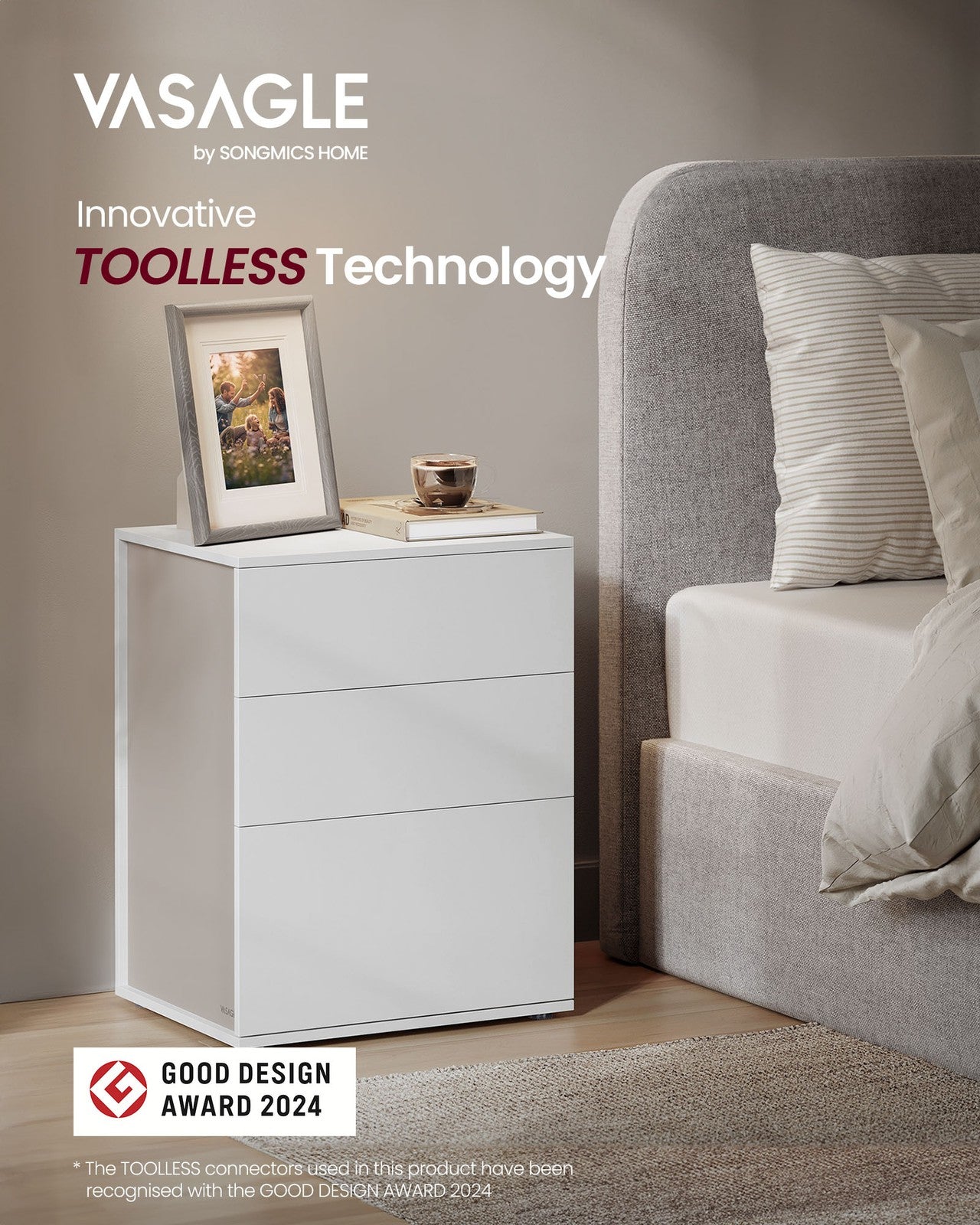 Bedside Table, Toolless, Matte White and Cappuccino Beige - image 2