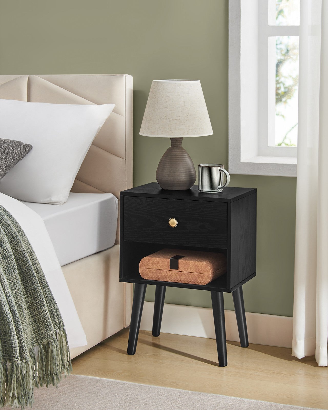 Bedside Table with Drawer and Solid Wood Legs Ebony Black - image 23