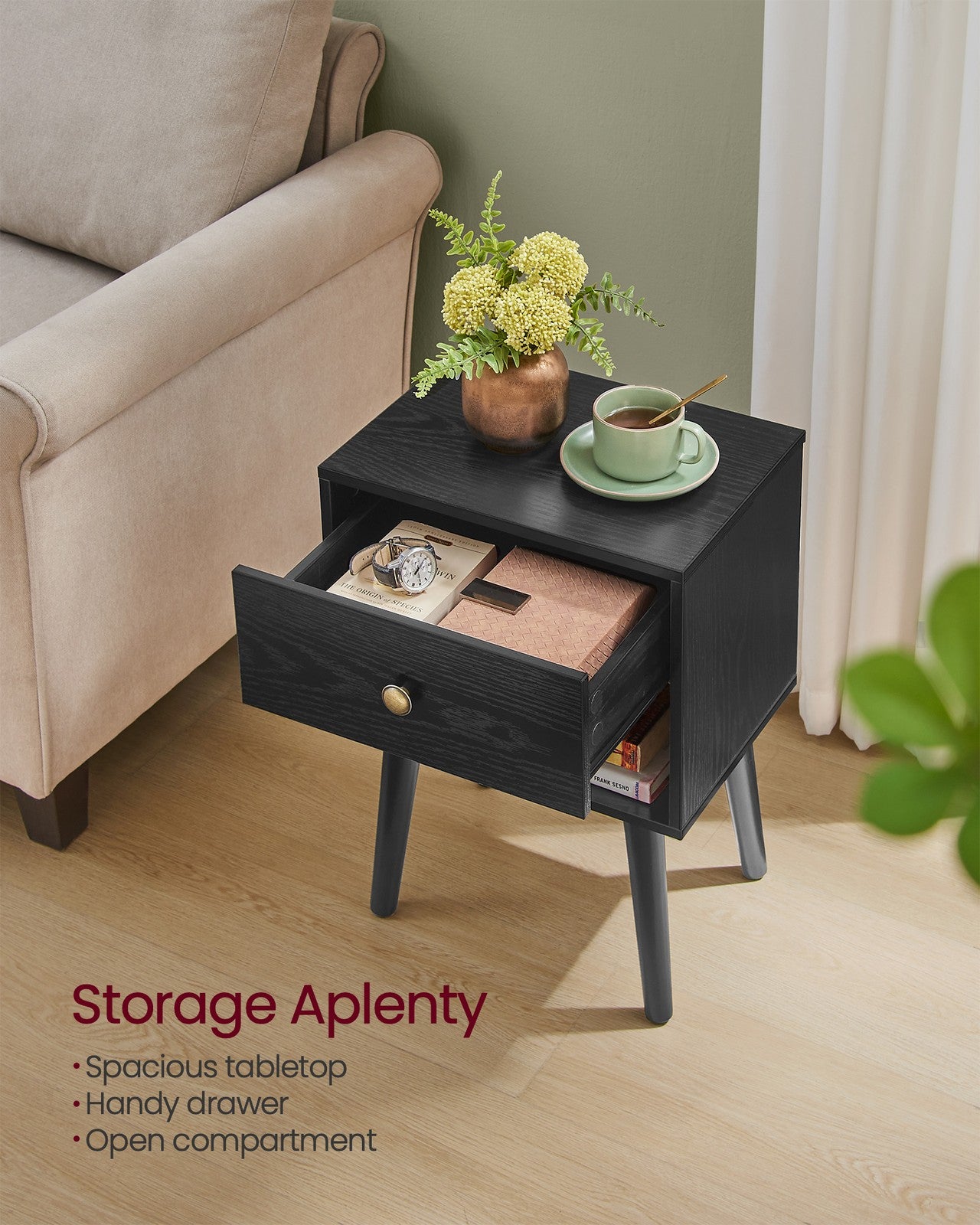 Bedside Table with Drawer and Solid Wood Legs Ebony Black - image 24