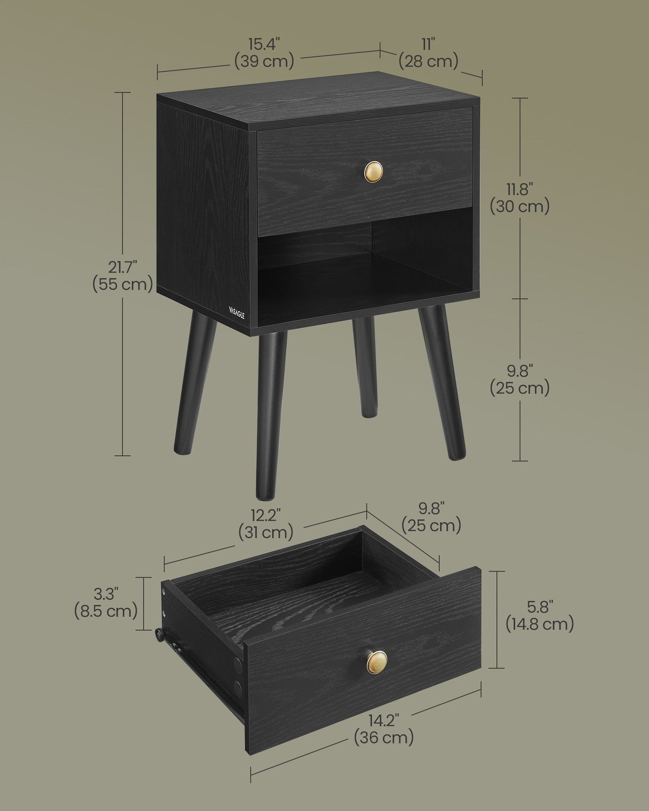 Bedside Table with Drawer and Solid Wood Legs Ebony Black - image 26