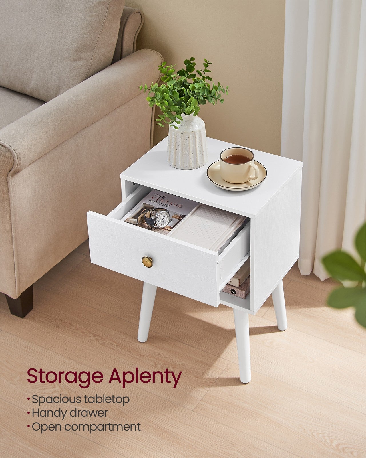 Bedside Table with Drawer and Solid Wood Legs Ebony Black - image 17