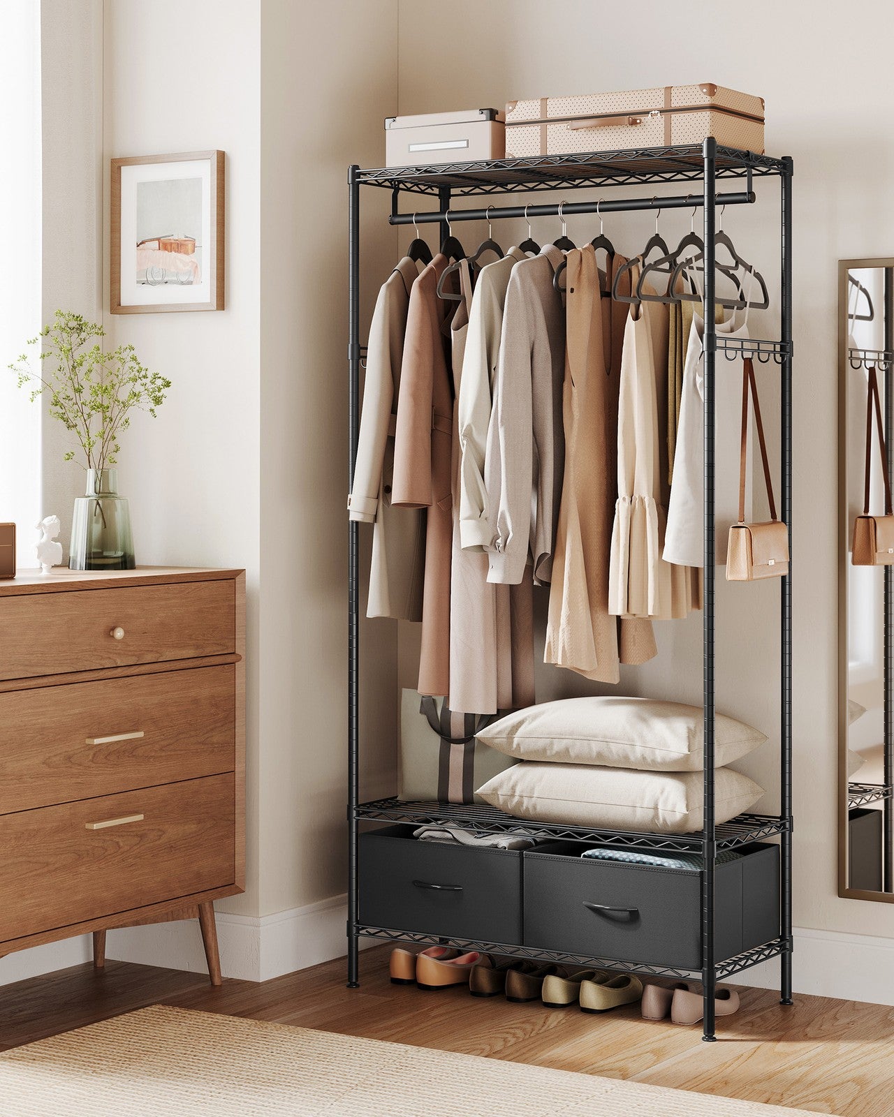 Clothes Rack with Mesh Shelf and Fabric Drawers Ink Black - image 2