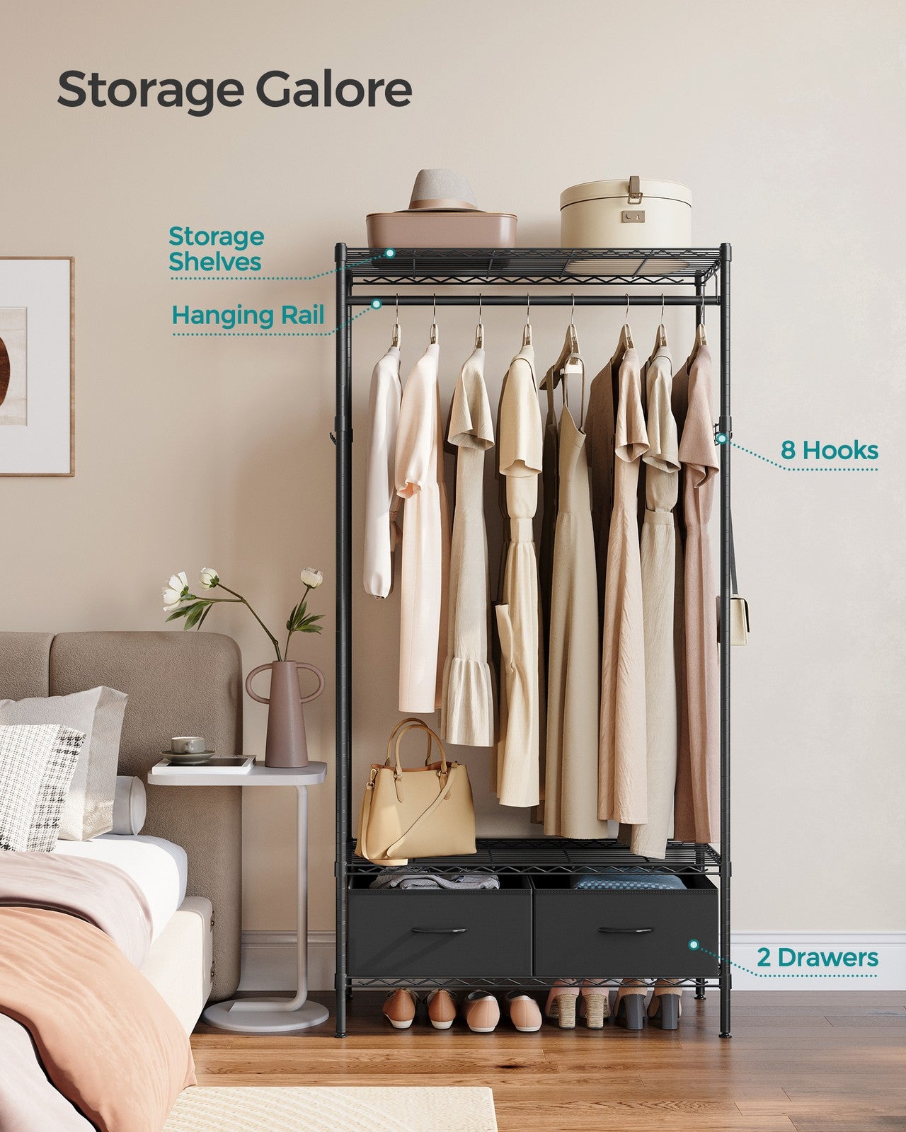 Clothes Rack with Mesh Shelf and Fabric Drawers Ink Black - image 3