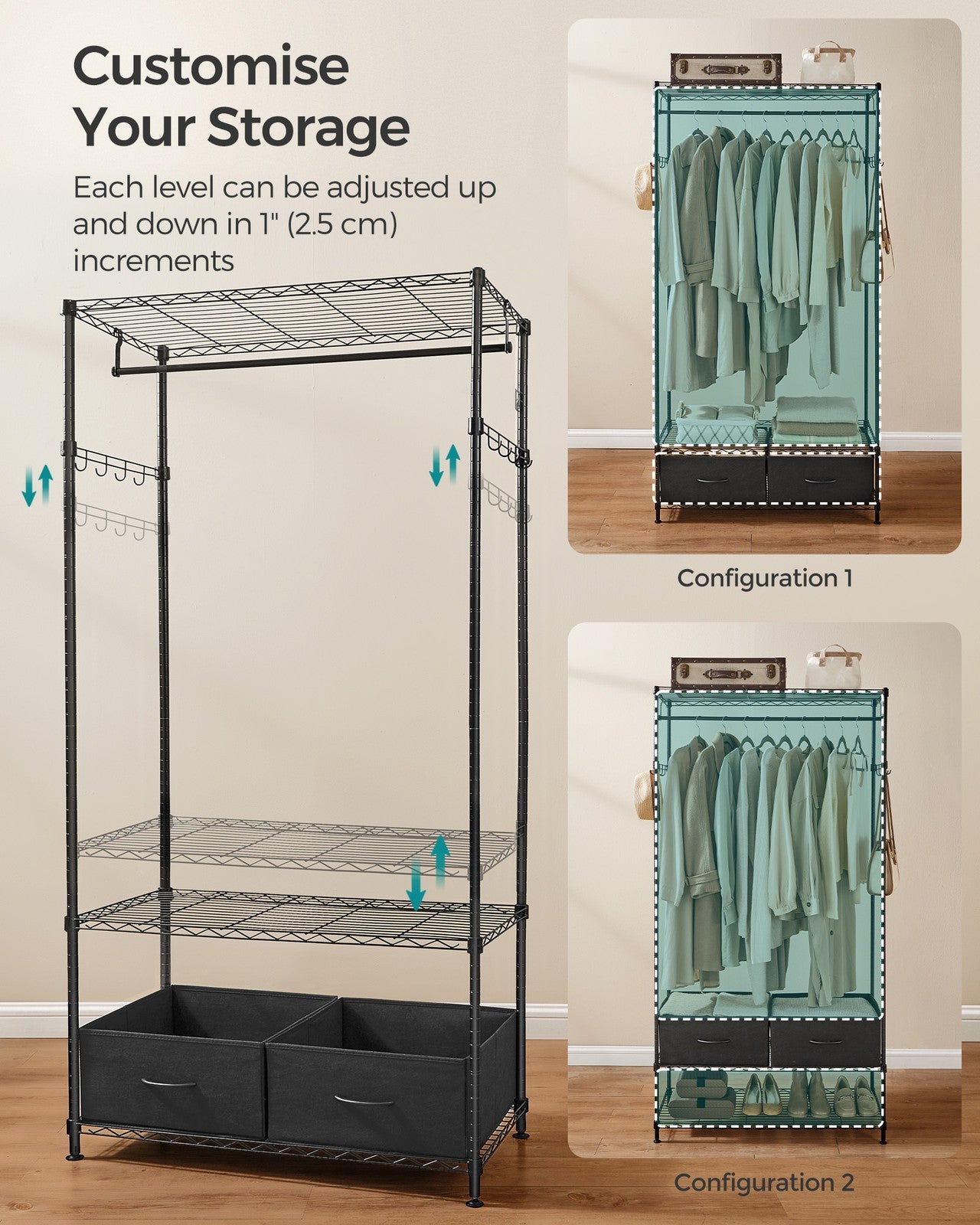 Clothes Rack with Mesh Shelf and Fabric Drawers Ink Black - image 5