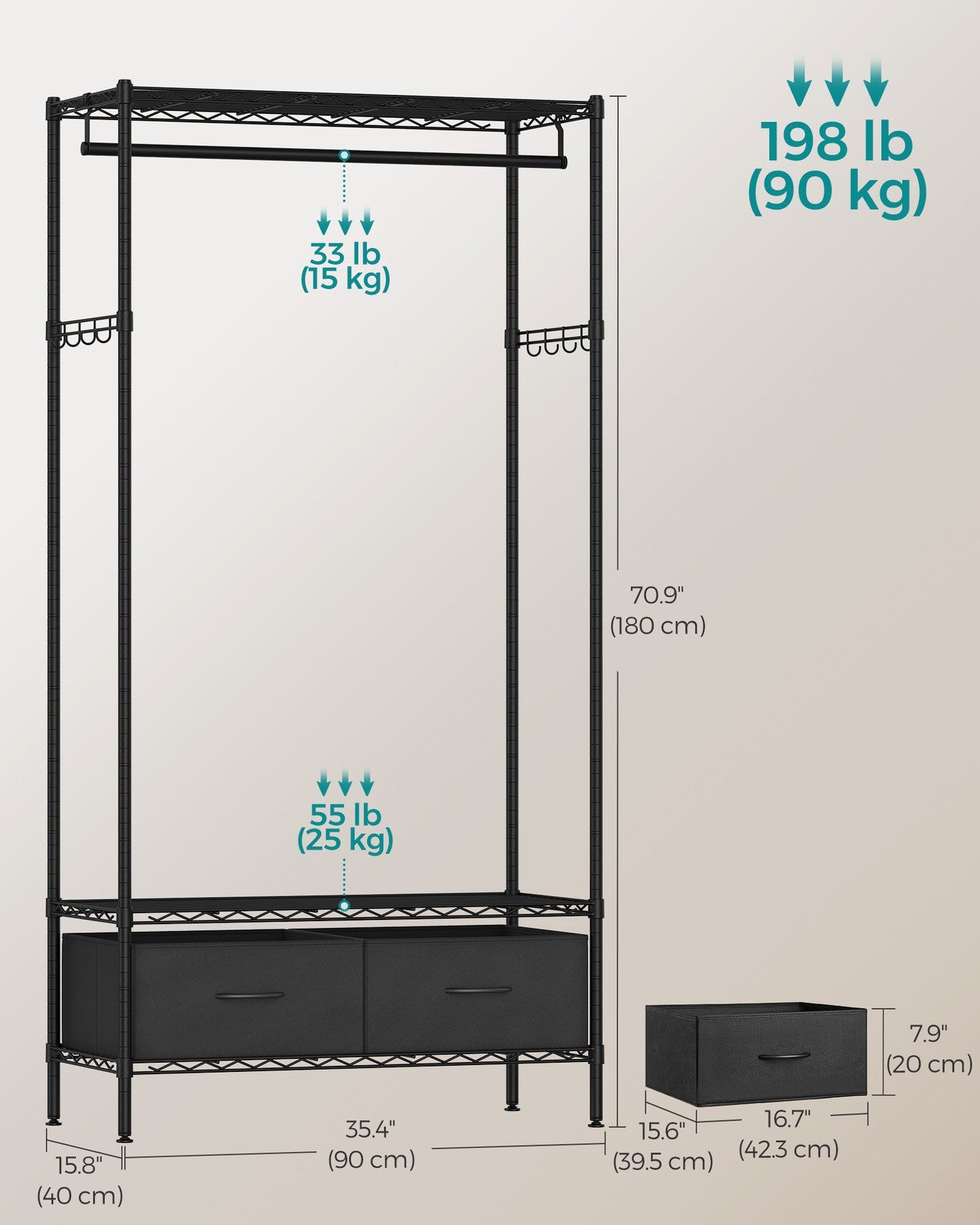 Clothes Rack with Mesh Shelf and Fabric Drawers Ink Black - image 6
