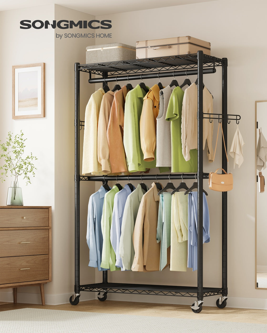 Rolling Portable Wardrobe with Adjustable Shelves and Hanging Rails 40 x 90 x 199 cm Ink Black - image 2