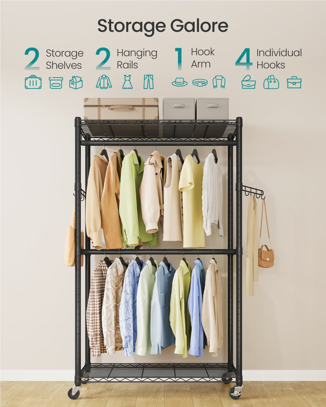 Rolling Portable Wardrobe with Adjustable Shelves and Hanging Rails 40 x 90 x 199 cm Ink Black - image 3