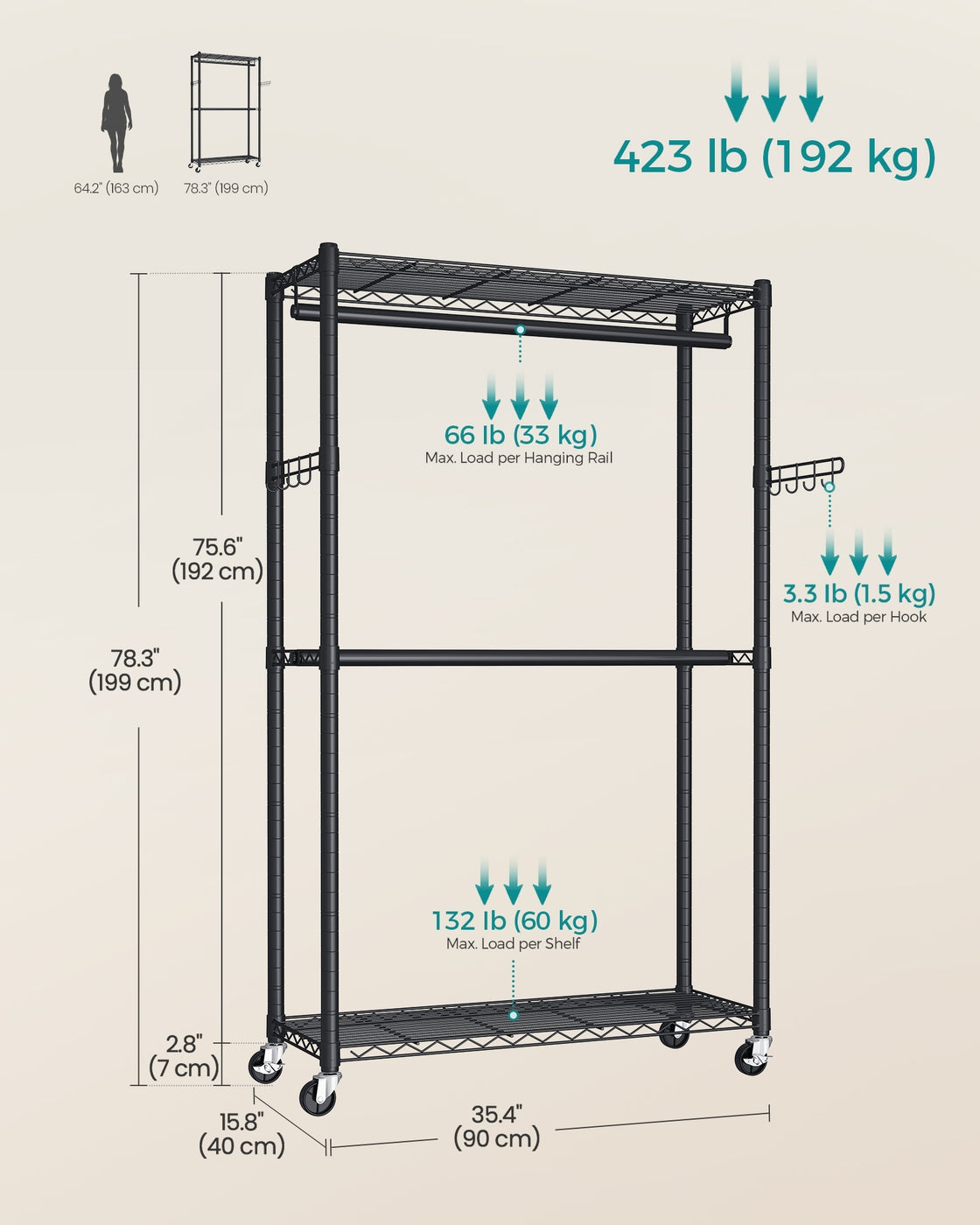 Rolling Portable Wardrobe with Adjustable Shelves and Hanging Rails 40 x 90 x 199 cm Ink Black - image 6