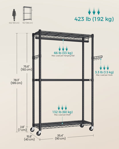 Rolling Portable Wardrobe with Adjustable Shelves and Hanging Rails 40 x 90 x 199 cm Ink Black - image 6