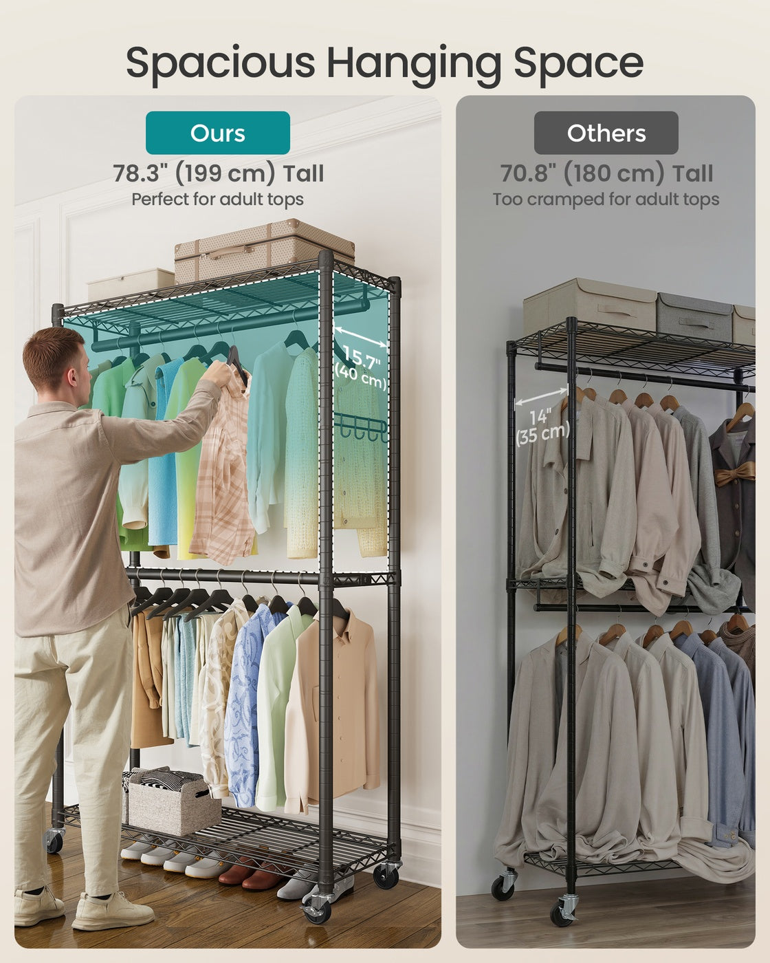 Rolling Portable Wardrobe with Adjustable Shelves and Hanging Rails 40 x 90 x 199 cm Ink Black - image 7