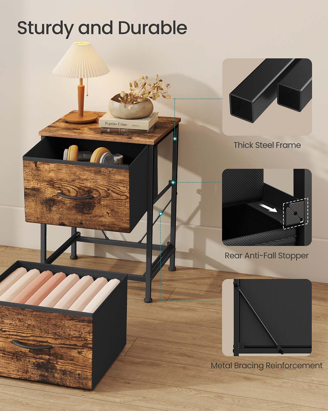 2-drawer bedside table with fabric storage - image 12