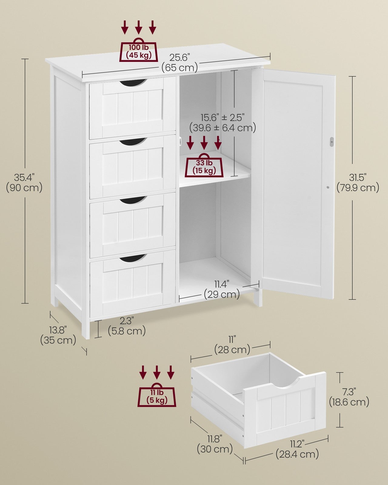 Bathroom Floor Storage Cabinet with 4 Drawers Cloud White - image 5