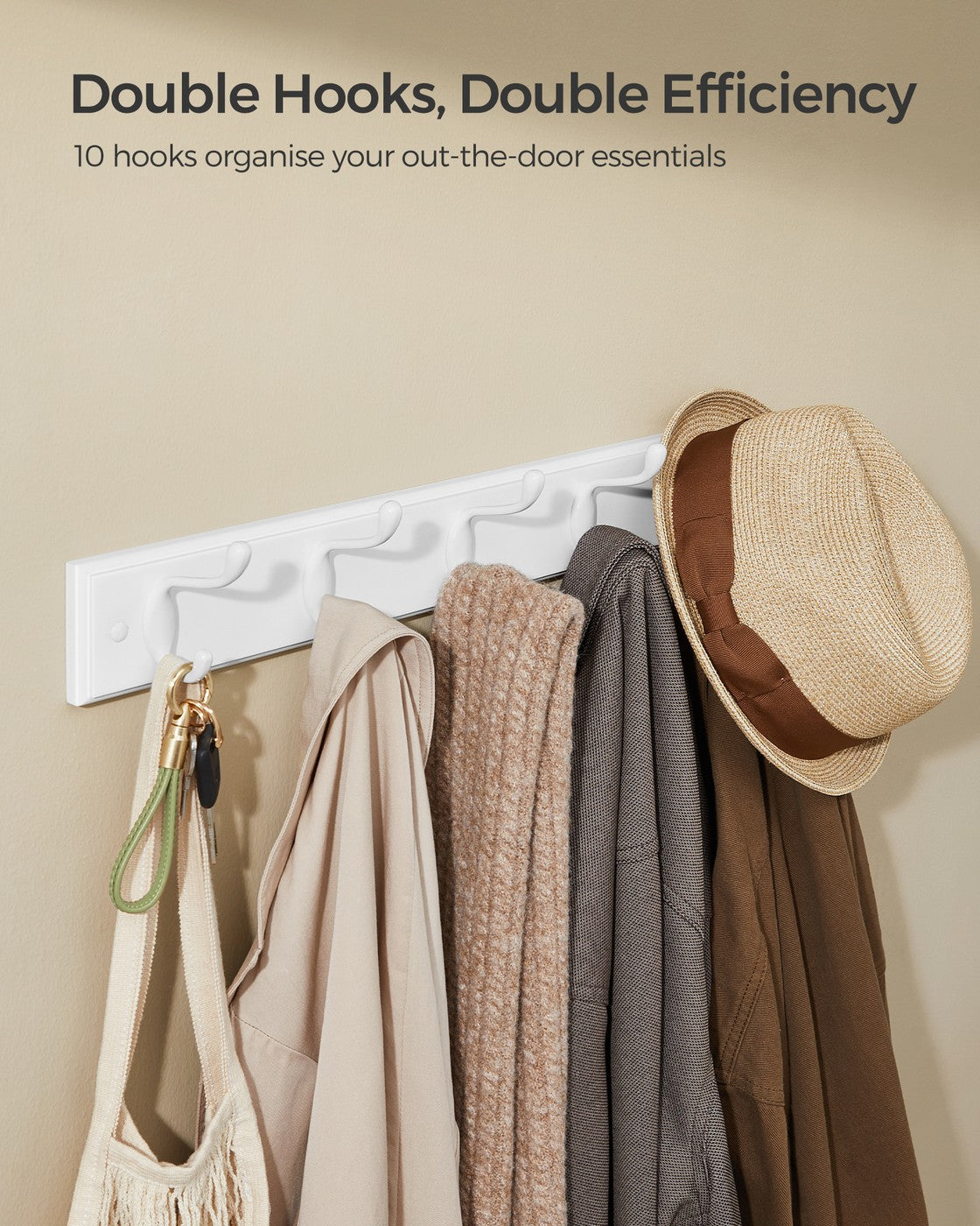 Wall-Mounted Coat Rack, 5 Dual Hooks, Cloud White - image 3