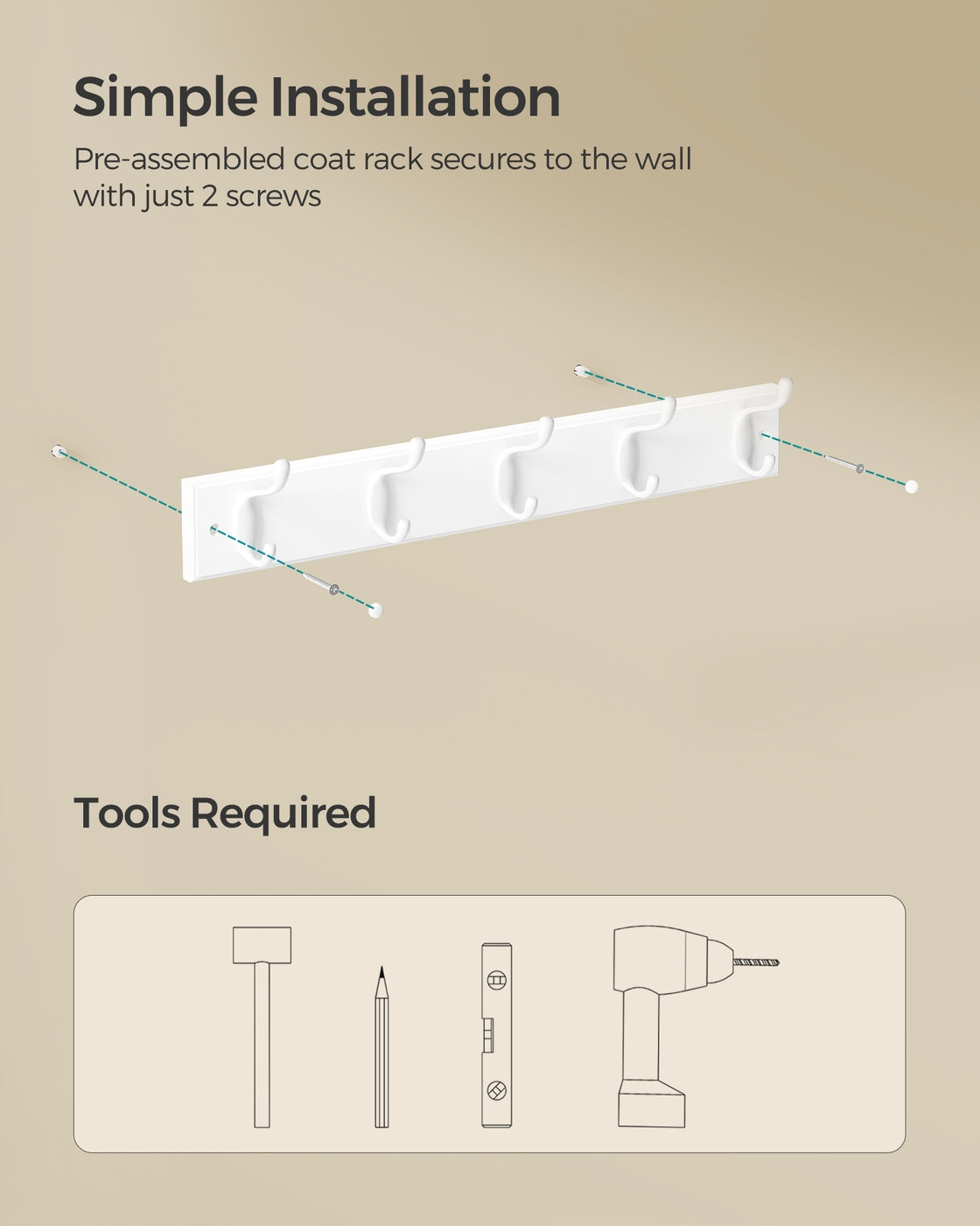 Wall-Mounted Coat Rack, 5 Dual Hooks, Cloud White - image 5