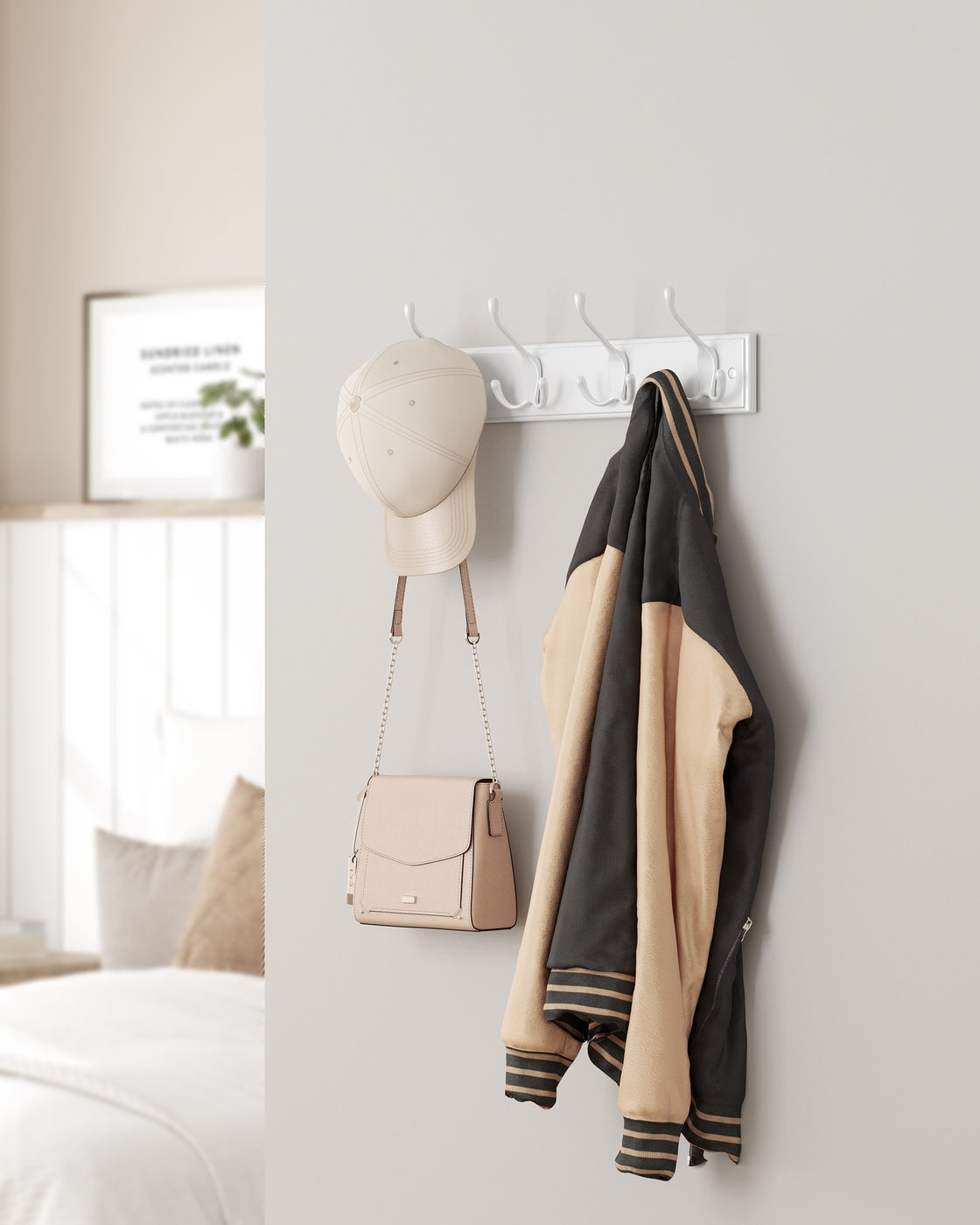 Wall-Mounted Coat Rack, 4 Tri-Hooks, White - image 3