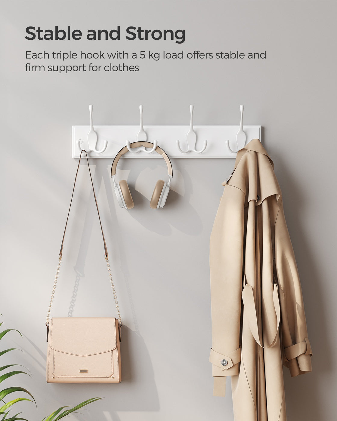 Wall-Mounted Coat Rack, 4 Tri-Hooks, White - image 5