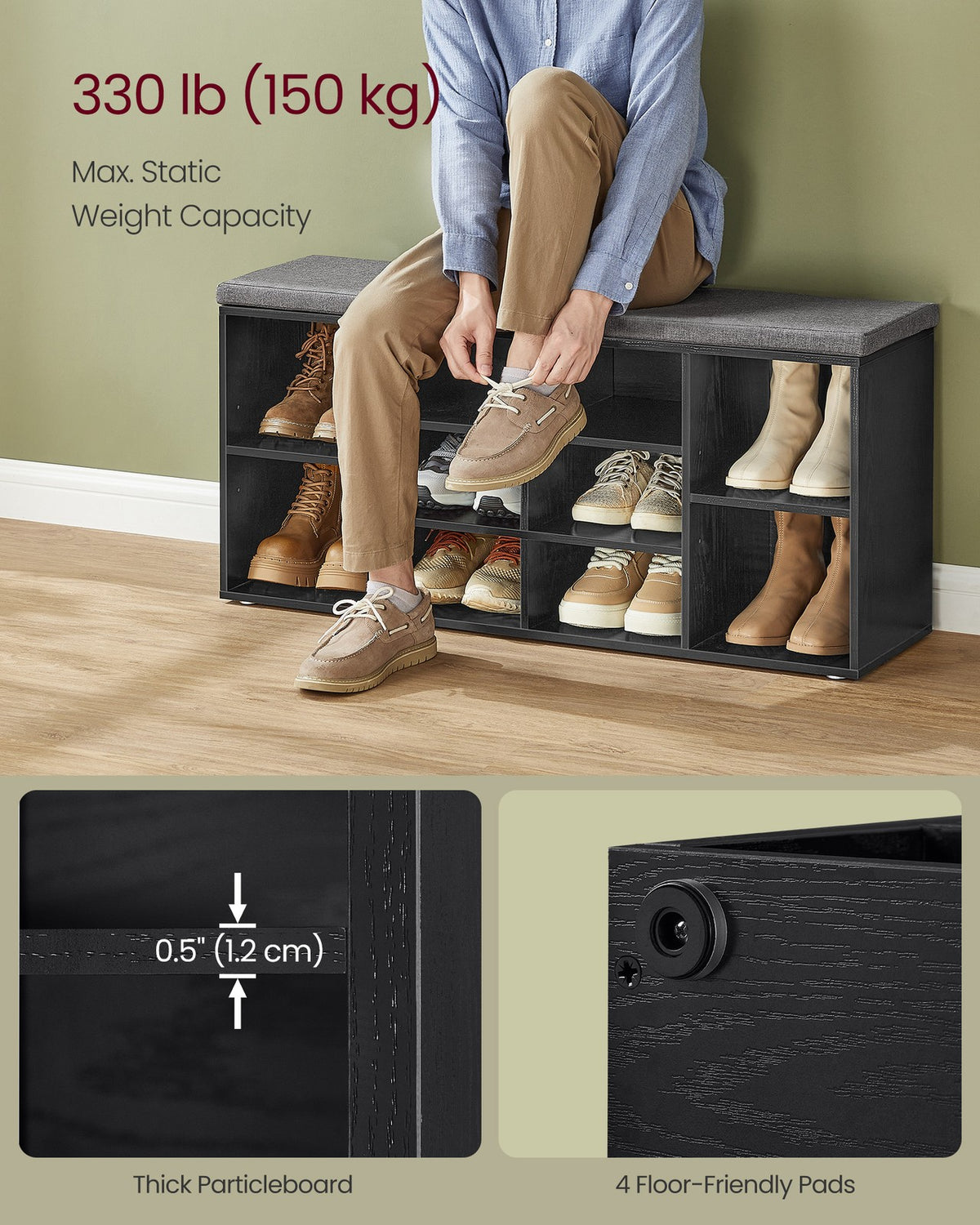 Storage Bench with Padded Seat and 9 Compartments Black - image 23