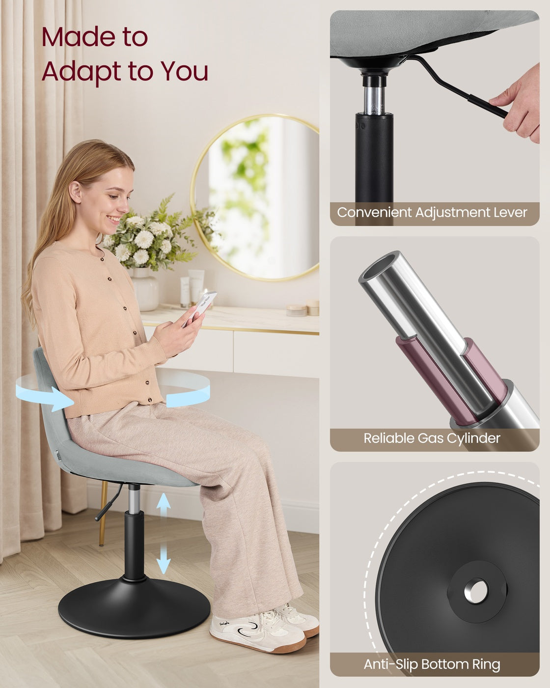 Dressing Table Chair Height Adjustable Bar Stool with Back Dove Grey - image 7