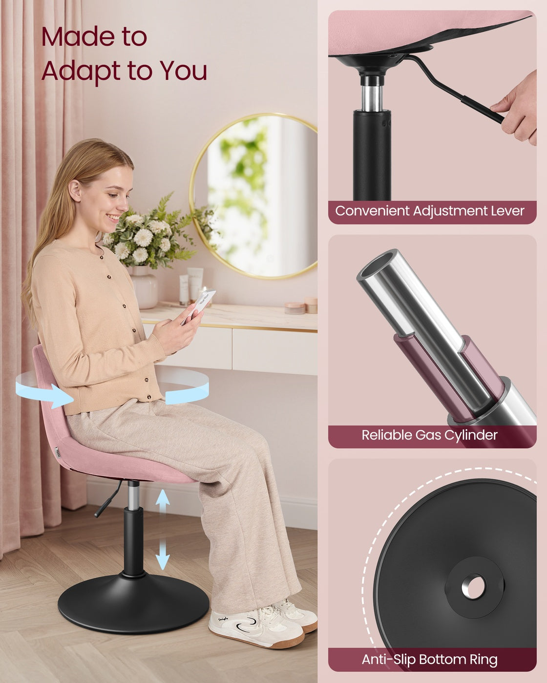 Dressing Table Chair Height Adjustable Bar Stool with Back Cloud White - image 23