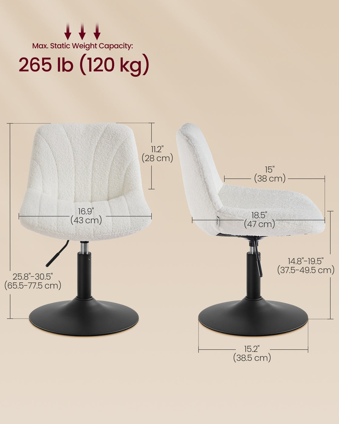 Dressing Table Chair Height Adjustable Bar Stool with Back Cloud White - image 3