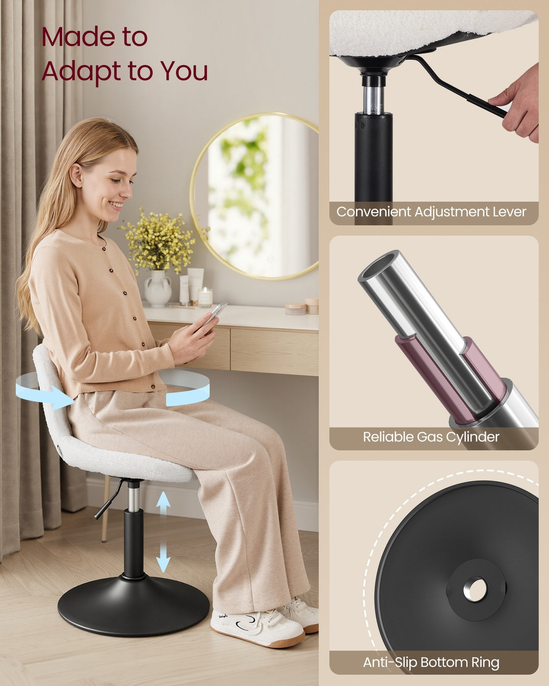 Dressing Table Chair Height Adjustable Bar Stool with Back Cloud White - image 7