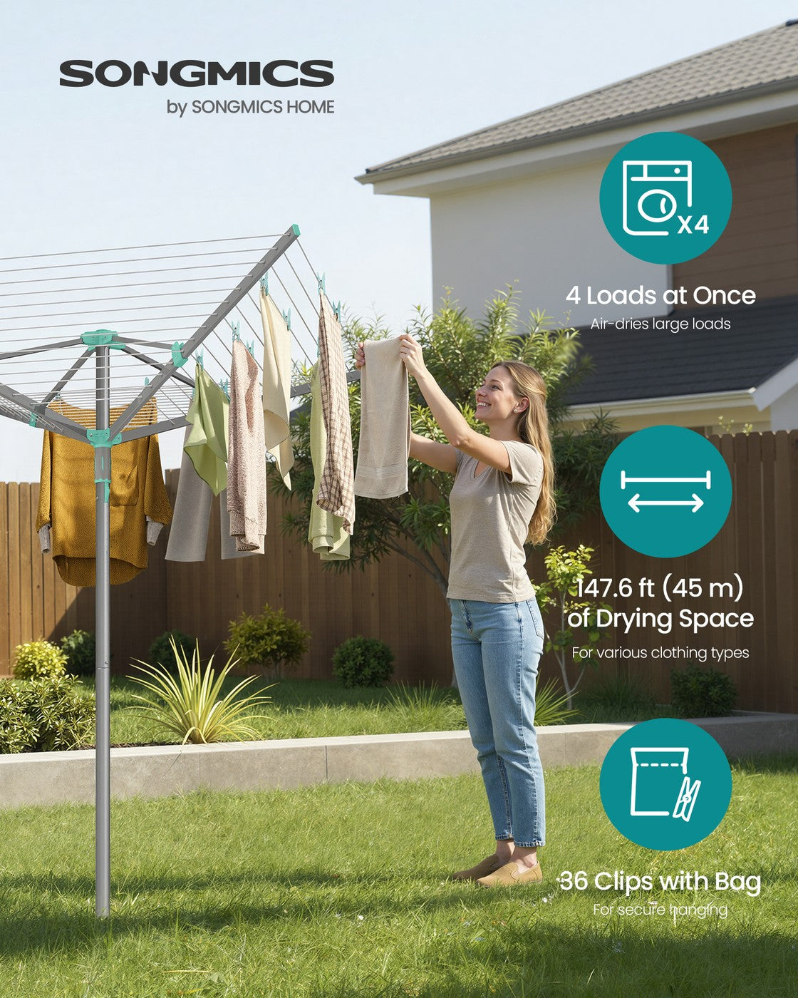 Rotary Washing Line, 45 m Outdoor Clothes Airer, Silver - image 2