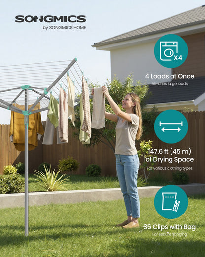 Rotary Washing Line, 45 m Outdoor Clothes Airer, Silver - image 2