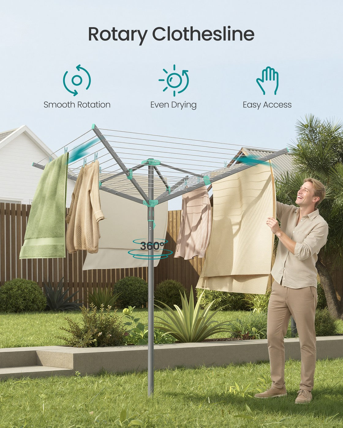 Rotary Washing Line, 45 m Outdoor Clothes Airer, Silver - image 3