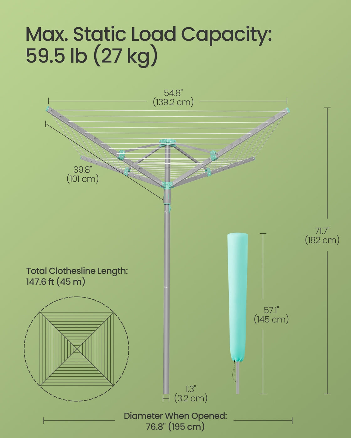 Rotary Washing Line, 45 m Outdoor Clothes Airer, Silver - image 6
