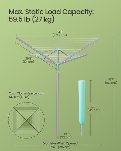 Rotary Washing Line, 45 m Outdoor Clothes Airer, Silver - image 6